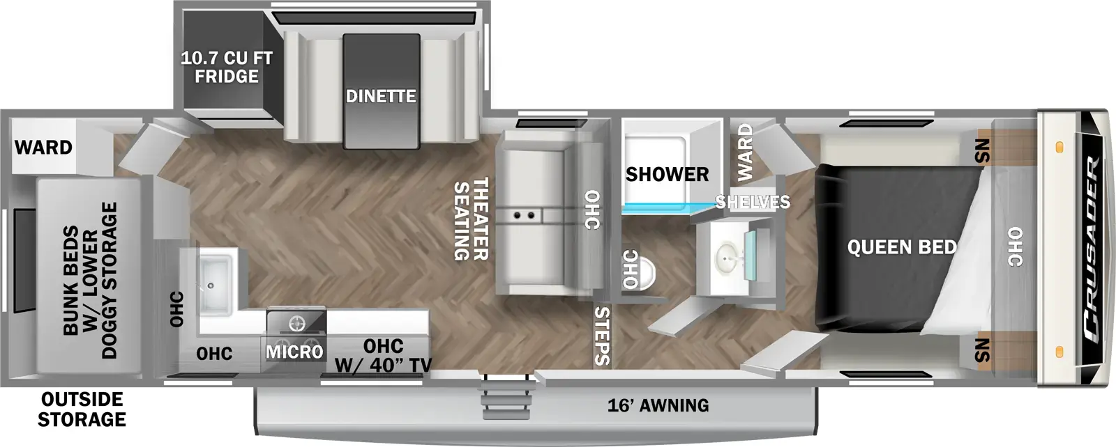 The 270BHX has one slideout and one entry. Exterior features outside storage and awning. Interior layout front to back: foot-facing queen bed with overhead cabinet and nightstands on each side, and off-door side wardrobe with shelves along inner wall; off-door side full bathroom; door side steps down to main living area and entry; theater seating with overhead cabinet along inner wall; off-door side slideout with dinette and refrigerator; door side kitchen counter with overhead cabinet, TV, microwave, and cooktop wraps to inner wall with sink; rear bunk area with wardrobe and bunk beds with lower doggy storage.
